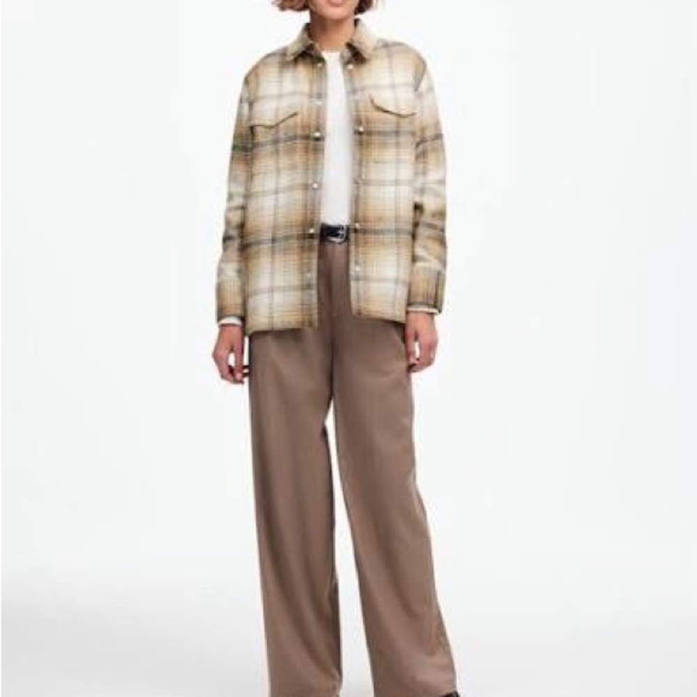 Madewell L Flannel Shirt Jacket Oversized Plaid side Pockets Pearl Snap Western - Picture 3 of 12
